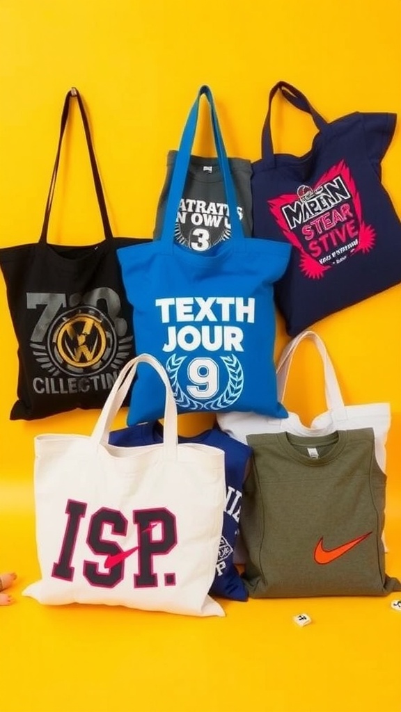 A colorful display of upcycled t-shirt tote bags made from old shirts.