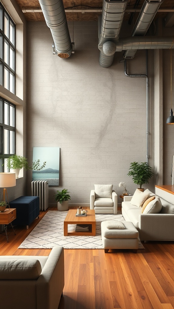 A cozy beige loft living room featuring large windows, wooden flooring, and modern furniture.