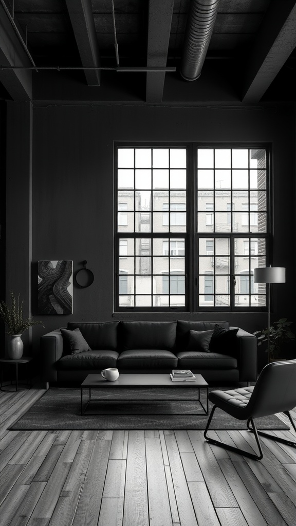 Stylish black living room with large windows, a black couch, and minimal decor