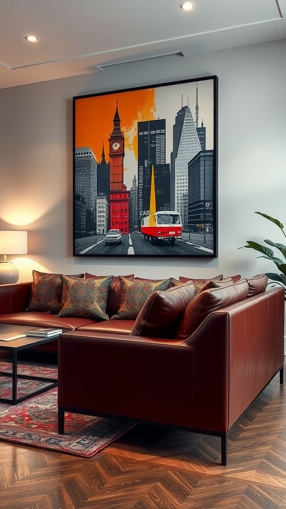 Living room featuring a leather sofa with decorative pillows, urban art on the wall, and wooden flooring.