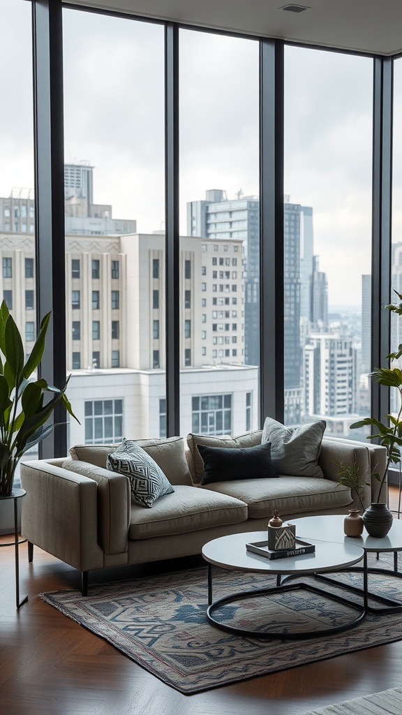 A stylish urban living room featuring a light-colored modern sofa, large windows with a city view, a round coffee table, and decorative plants.