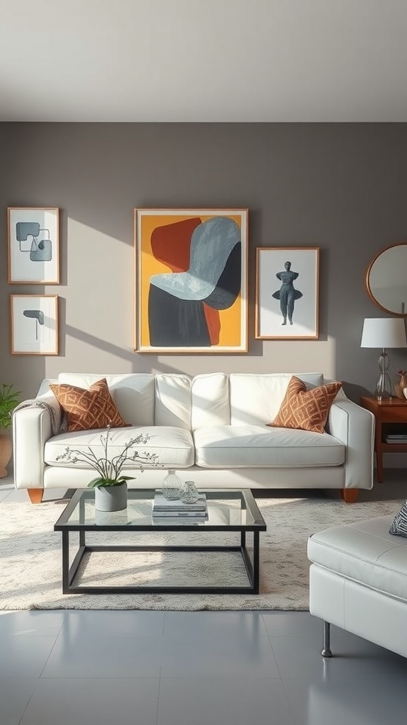 A bright living room featuring a white leather sofa, urban art on the walls, and a glass coffee table.