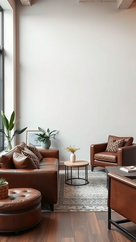 A stylish living room featuring brown leather furniture, green plants, and a wooden coffee table.