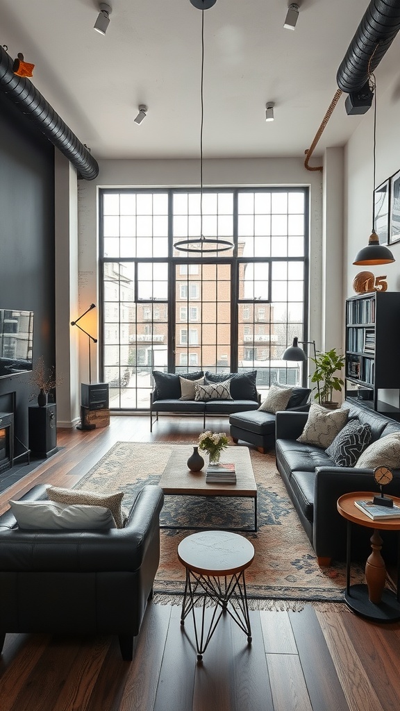 A stylish living room with large windows, dark leather furniture, and industrial design elements.