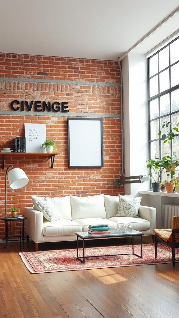 Living room featuring a white couch against a brick wall, with a coffee table, plants, and a rug.