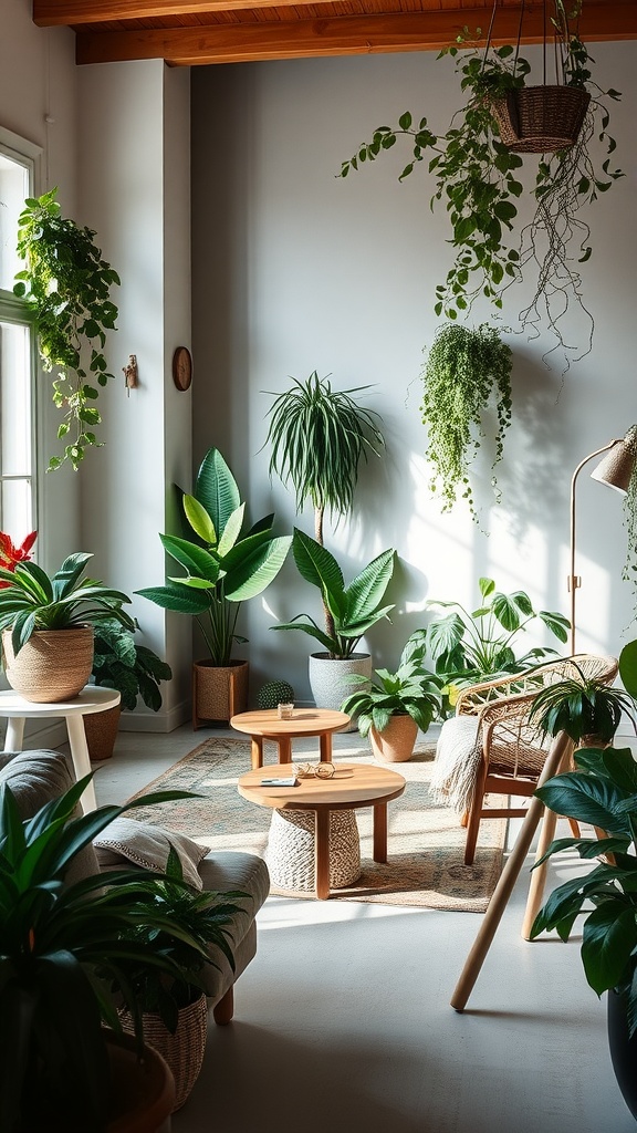 A cozy living room filled with various indoor plants, natural light, and wooden furniture.