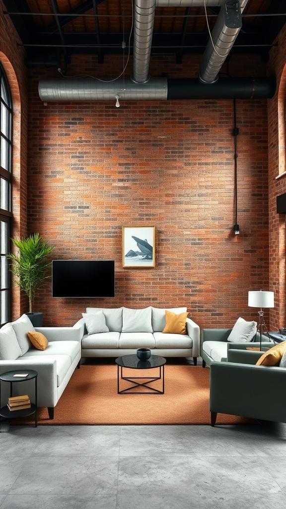 A stylish urban industrial living room featuring an exposed brick wall, modern furniture, and a cozy atmosphere.