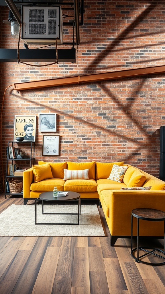 A mustard yellow sofa in an urban industrial living room with exposed brick walls and wooden flooring.