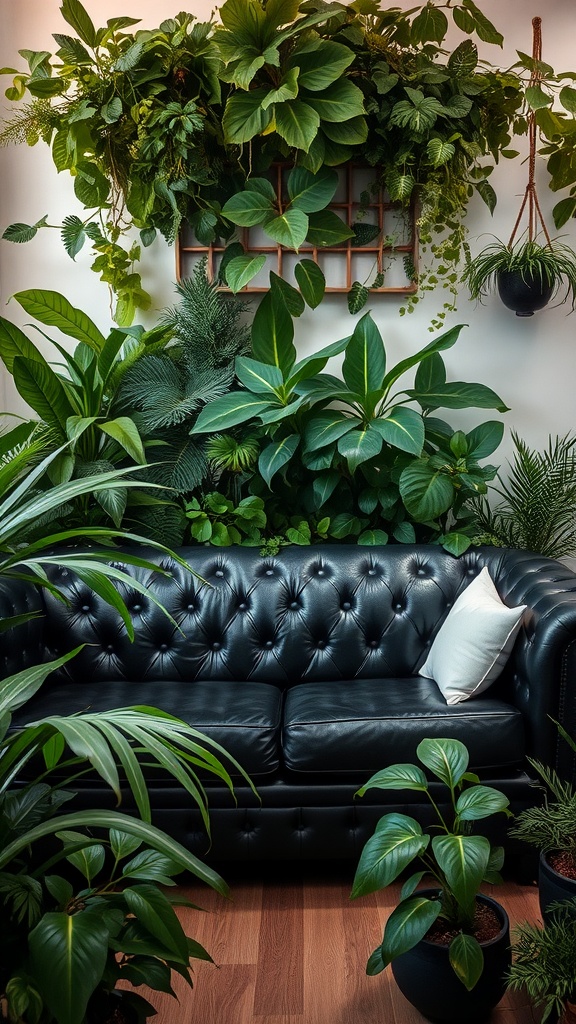 A black leather couch surrounded by lush green plants in an urban jungle setting.