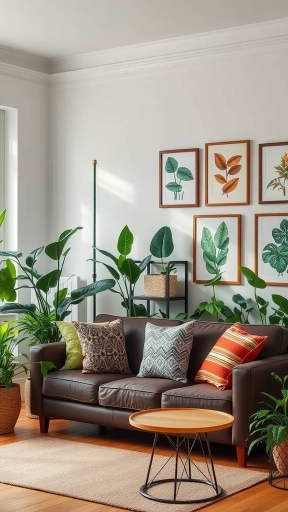 A cozy living room featuring a dark brown sofa surrounded by indoor plants and decorative cushions.