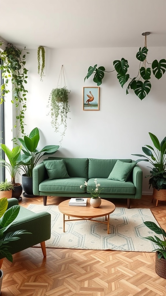 A green sofa in a bright living room filled with plants, featuring a wooden coffee table and a cozy rug.