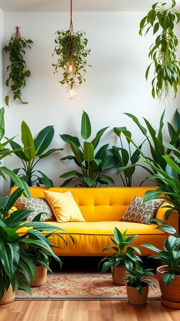 A bright yellow couch surrounded by lush green plants in a living room.