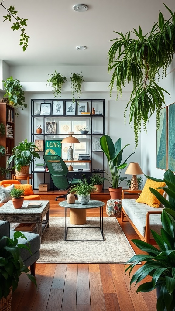 A stylish living room filled with various green plants, cozy seating, and warm lighting.