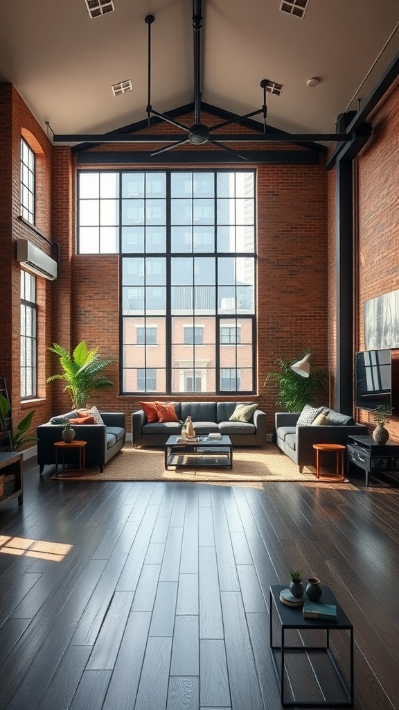 A spacious urban loft living room with dark wood flooring, large windows, exposed brick walls, and modern furniture.