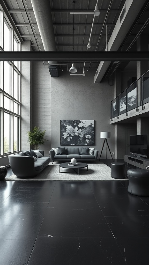 Modern urban loft living room with black floor and large windows