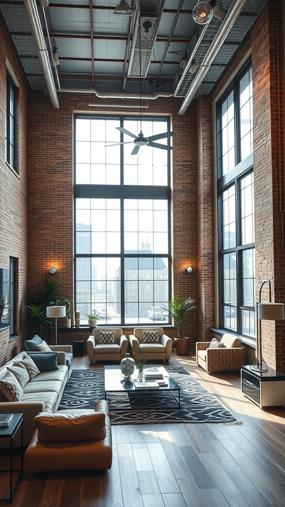 A stylish urban loft living room featuring high ceilings, large windows, and exposed brick walls.