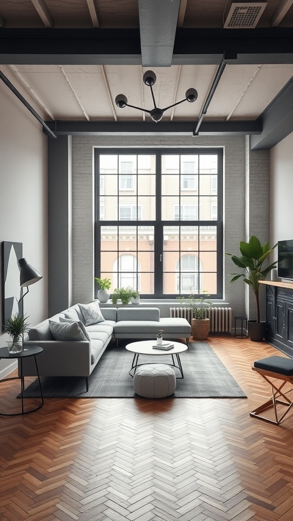 Urban loft living room featuring a grey couch, large windows, and wooden flooring.