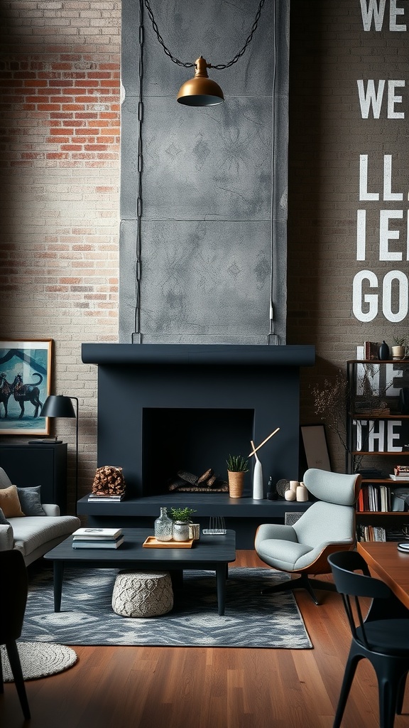 A stylish urban loft featuring a large black fireplace, modern furniture, and a cozy atmosphere.