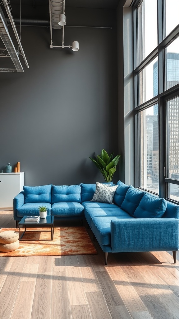 A stylish urban loft featuring a blue couch, large windows, and a cozy layout.