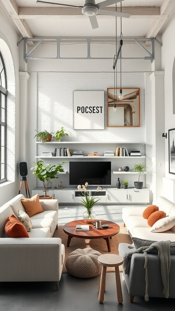 A stylish urban loft living room featuring white walls, light furniture, and industrial touches.