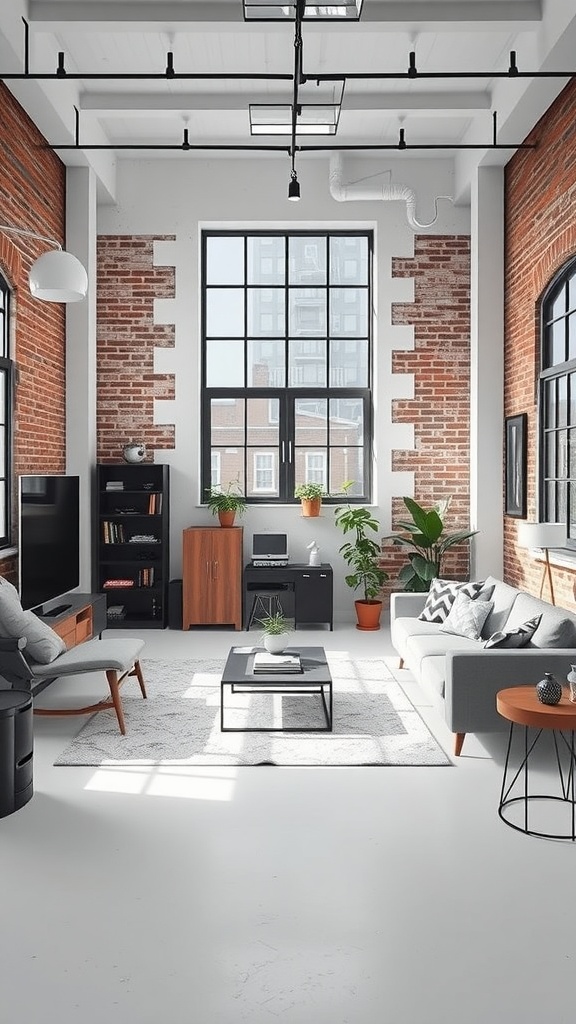 A spacious urban white loft with exposed brick walls, large windows, and cozy furniture.