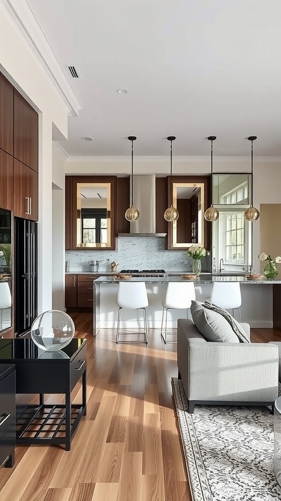 A modern open kitchen living room featuring mirrors that create a sense of space and light.