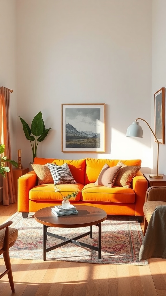 A bright orange couch with cushions in a cozy living room, featuring a round coffee table and decorative elements.