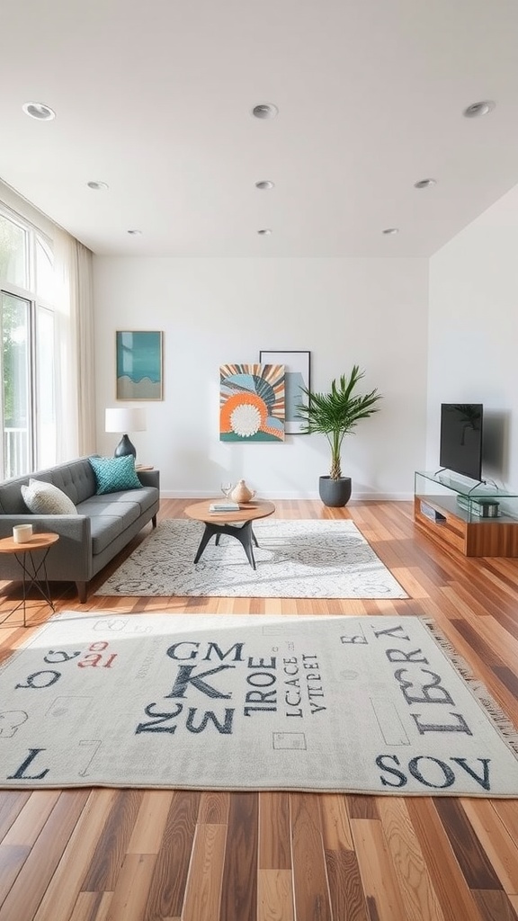 A bright and stylish open concept living room featuring area rugs to define spaces, with a couch, coffee table, and decorative art.