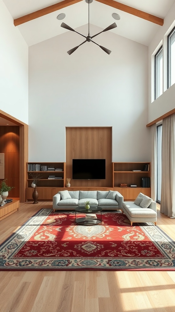 A high ceiling living room featuring a red area rug, light wood flooring, and a modern sofa.