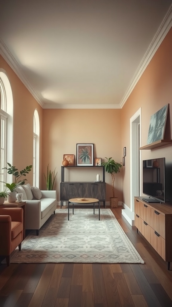 A cozy long narrow living room featuring peach walls, a light sofa, and vibrant green plants.