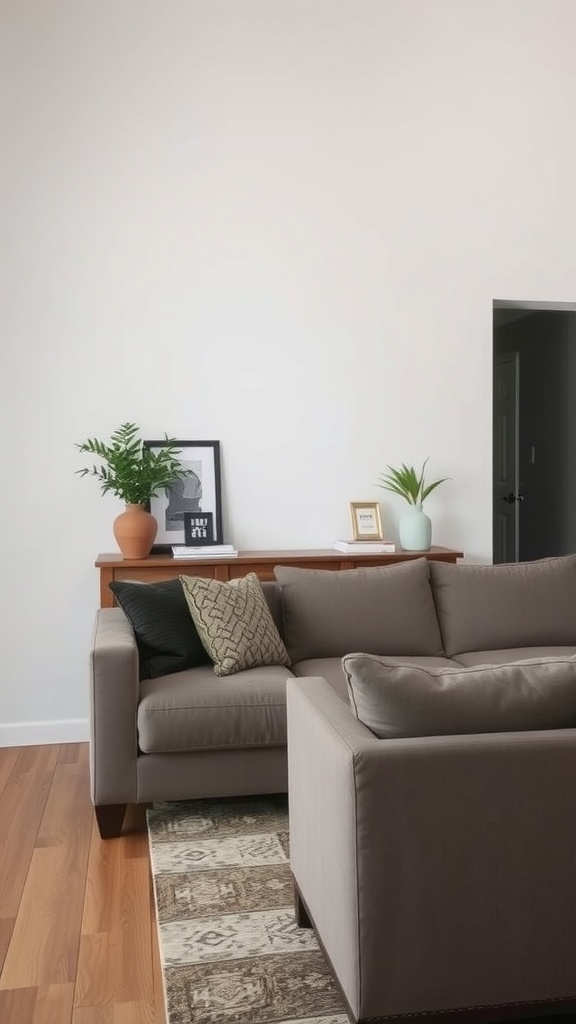 A stylish small living room with a console table, plants, and comfortable seating.