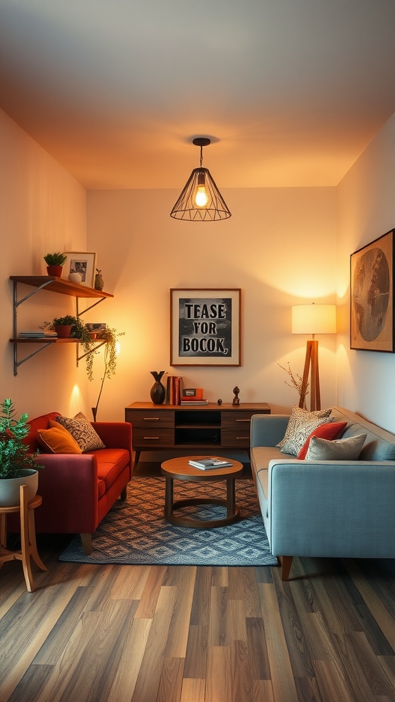 A small living room with warm lighting, featuring a pendant light, floor lamp, two sofas, and decorative elements.