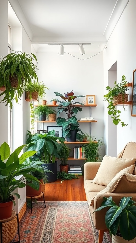 A long narrow living room filled with various plants, showcasing a cozy seating area and shelves with greenery.