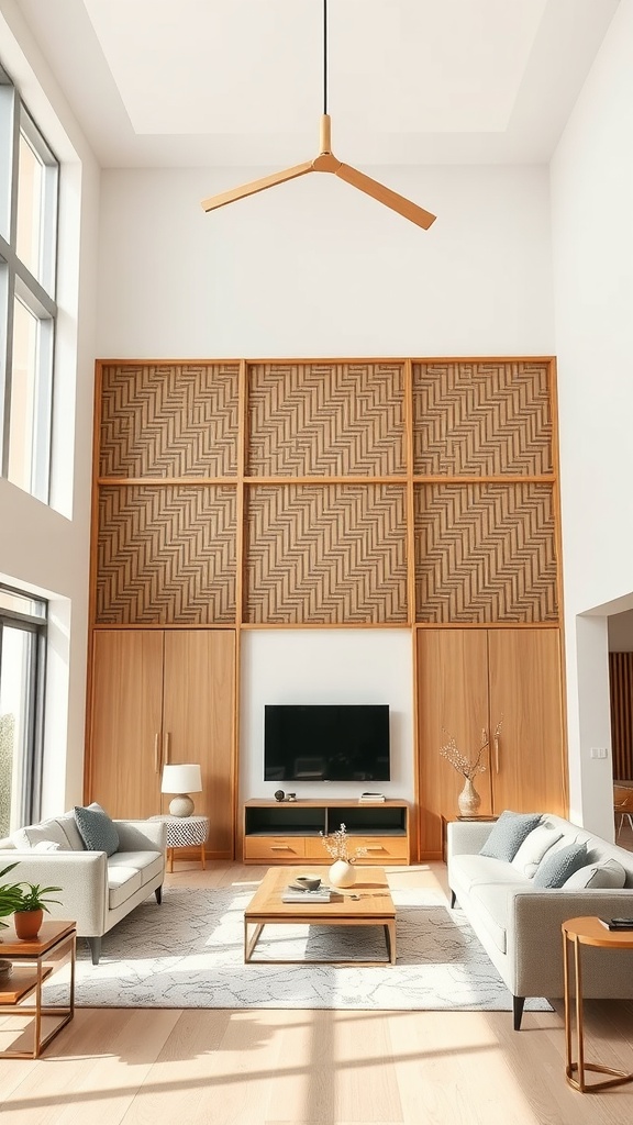 A bright living room with a wooden room divider featuring a herringbone pattern, high ceiling, and stylish furniture.