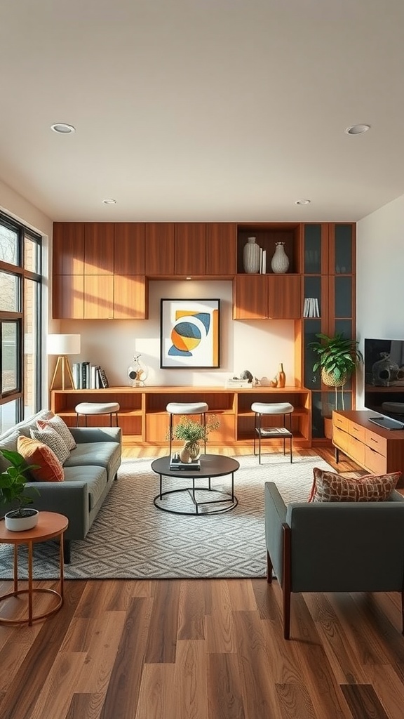 A midcentury modern living room featuring built-in storage with warm wood tones, open shelving, and stylish decor.