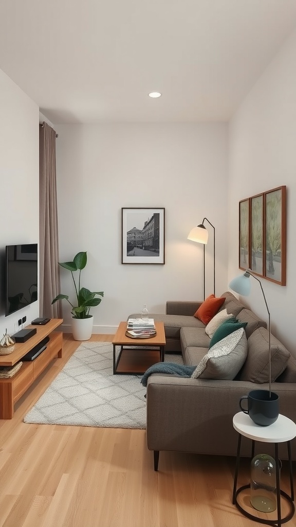 A narrow living room featuring a corner sofa, side table, lamp, and plant, with a warm ambiance.