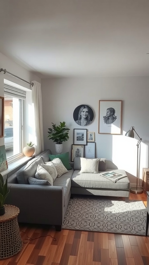 Cozy small living room with corner seating and decorative elements