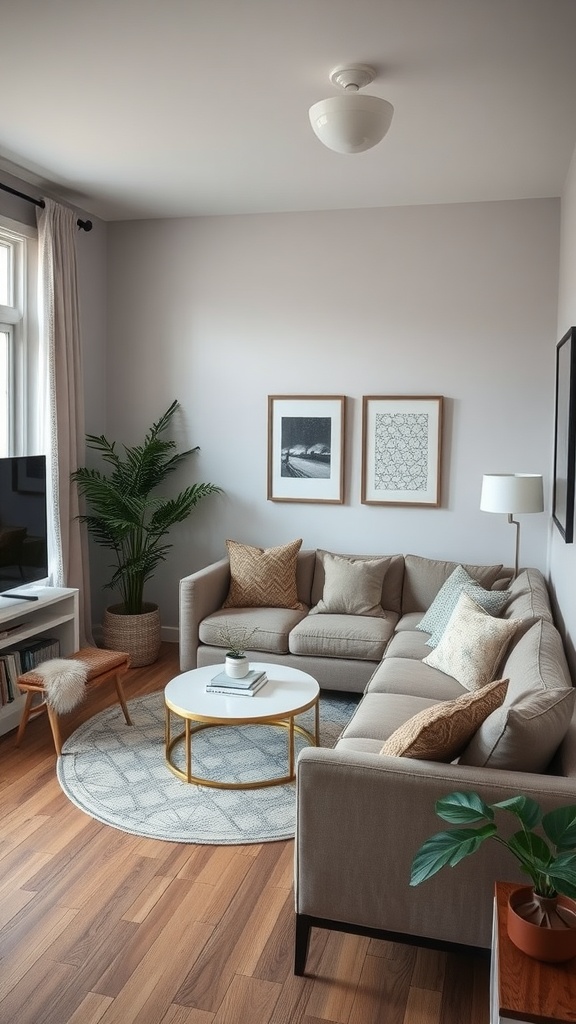 A cozy small living room with a sectional sofa, coffee table, and plants, showcasing effective corner utilization.