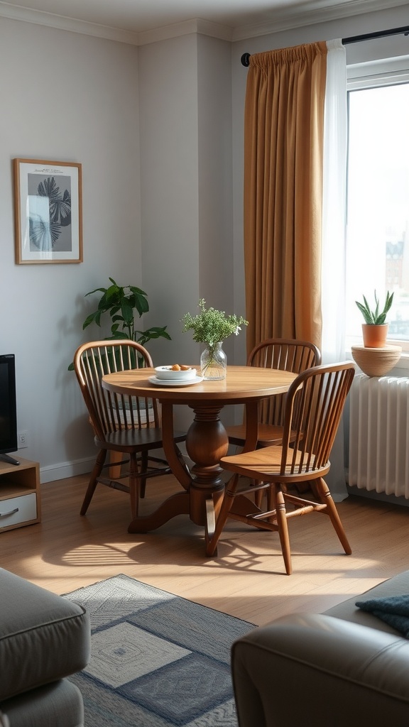 A small living room featuring a round wooden table with four chairs, a plant, and natural light coming through the window.