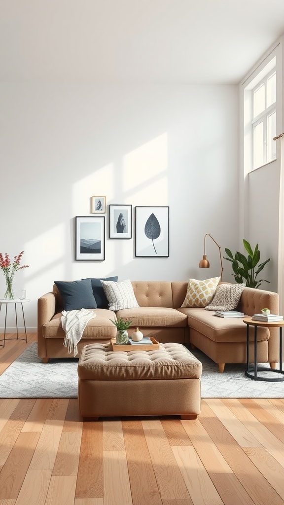 Cozy open concept living room with a sectional sofa, ottoman, and decorative elements.