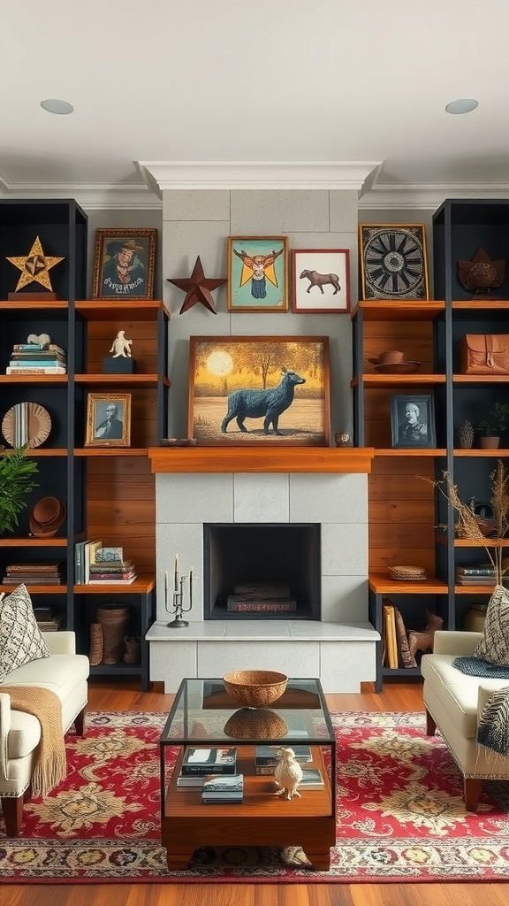 A modern western living room featuring open shelving with decorative items and artwork.