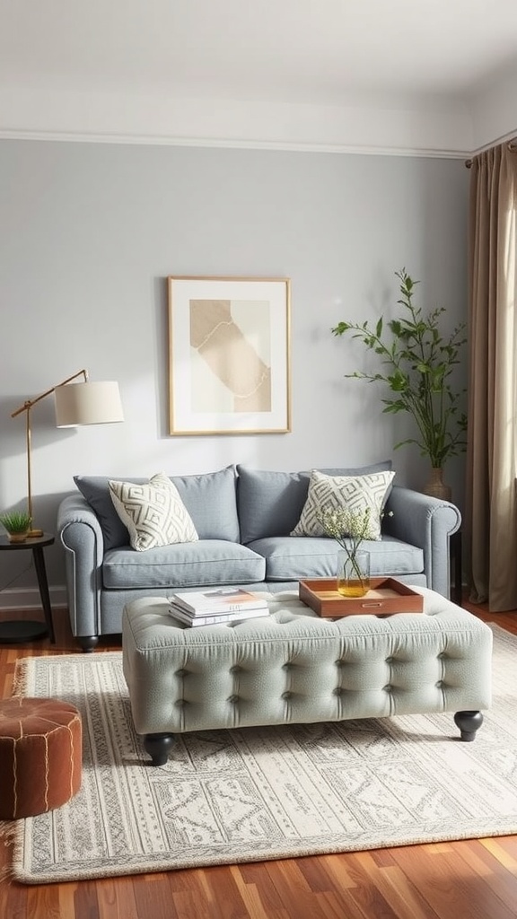 A cozy small living room featuring a light gray tufted ottoman used as a coffee table, with a sofa, decorative pillows, and a plant.