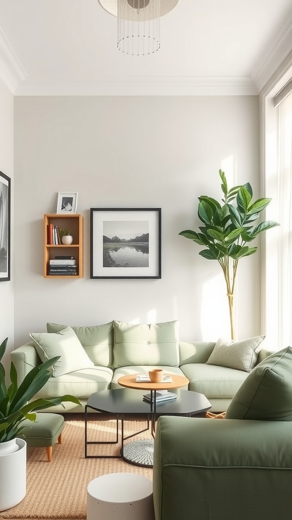 A small living room featuring a sage green sectional sofa, a wooden coffee table, plants, and wall art.