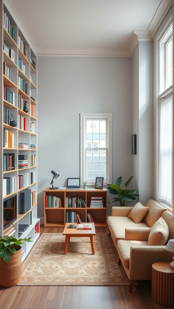 A small living room featuring tall shelves filled with books, a cozy seating area, and a warm color palette.