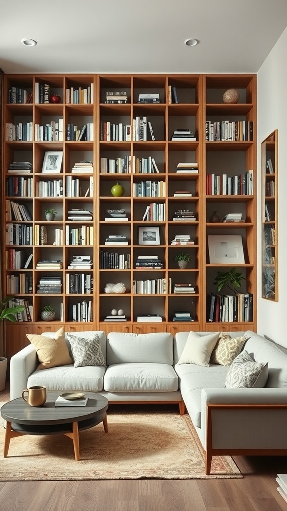 A stylish living room featuring a tall wooden bookshelf filled with books and decorative items, complemented by a cozy sectional sofa and a round coffee table.