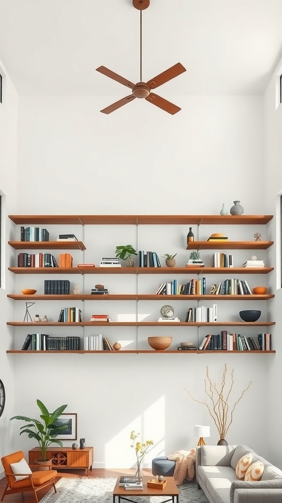 A living room with high ceilings featuring modern floating shelves filled with books and decorative items, complemented by a cozy seating area.