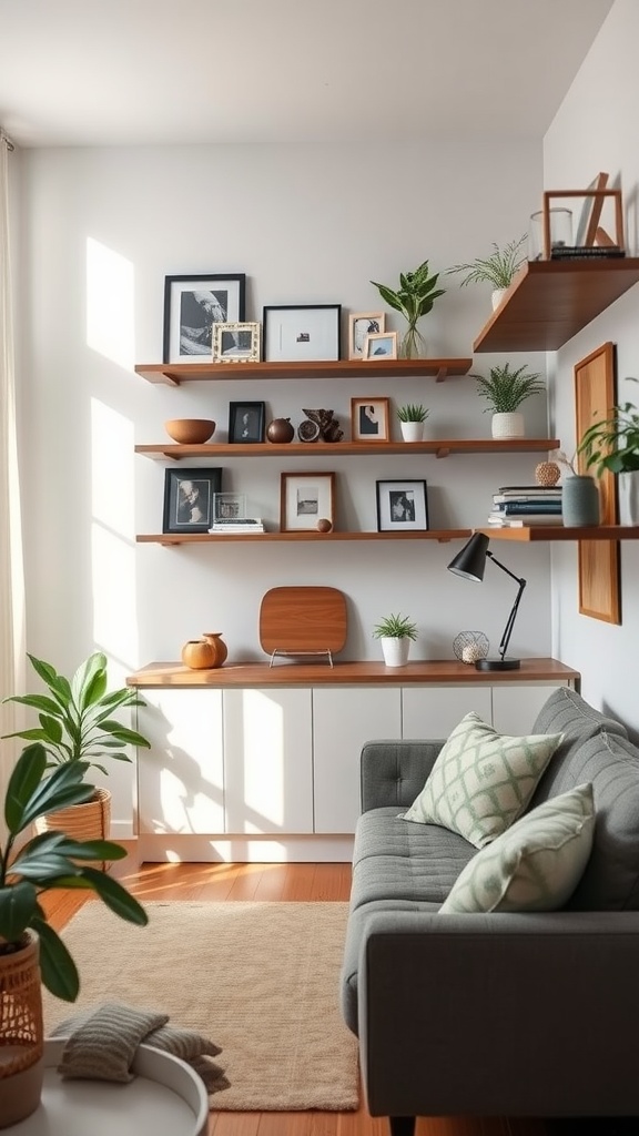 A narrow living room featuring wall-mounted shelves with plants and framed pictures, creating a cozy and organized space.