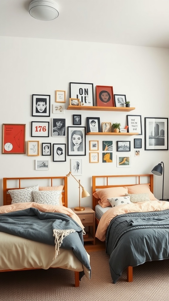 A shared bedroom featuring two beds and a decorative wall with framed art and shelves.