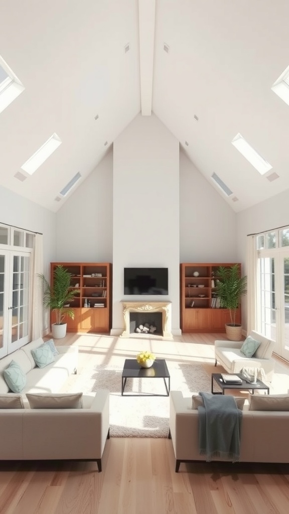 Living room with vaulted ceilings and large windows, featuring light furniture and a cozy atmosphere.