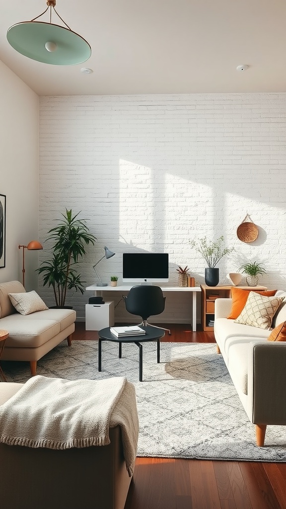 A stylish living room with white accent wall, two sofas, a desk, and plants.